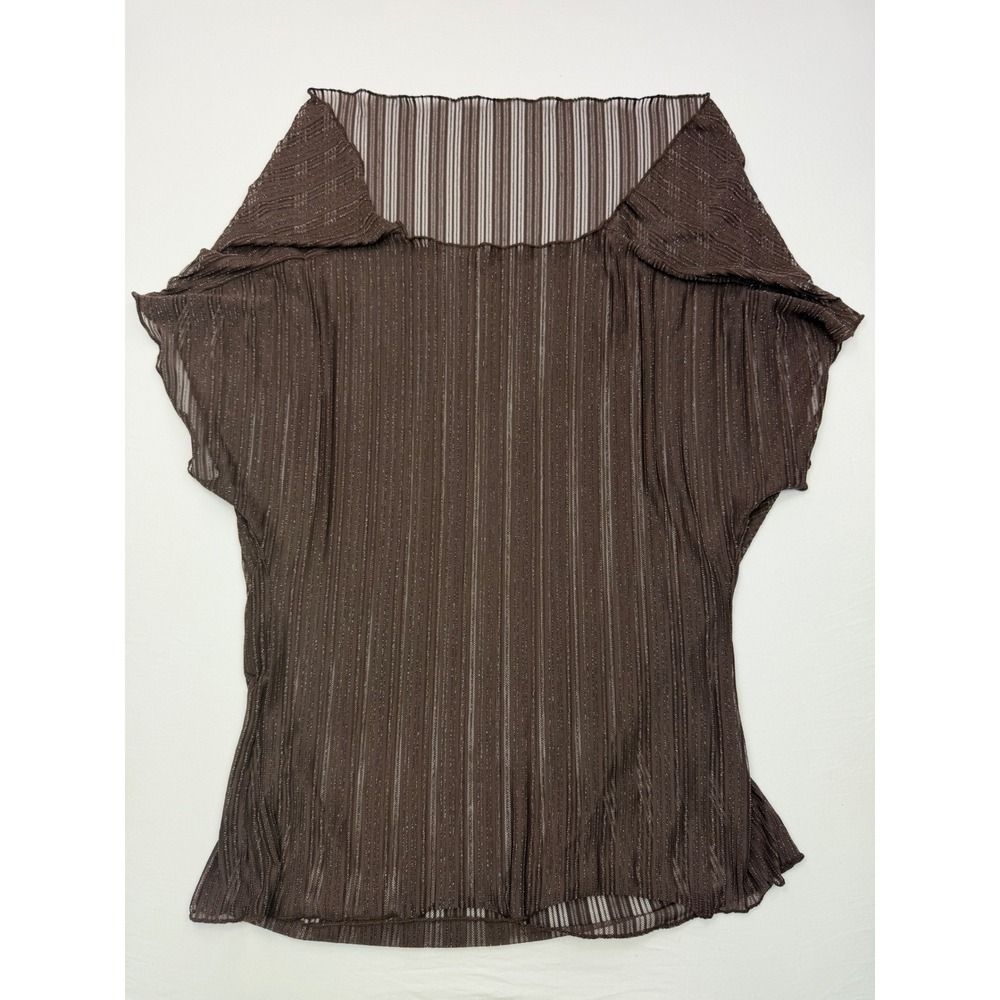 Womens Brown Pleated Cowl Neck Sheer Metallic Shimmer Blouse Top - Picture 6 of 9